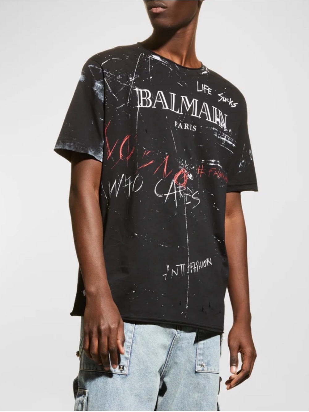 Balmain Black Short-Sleeve Graphic Logo Tee with Red Accents